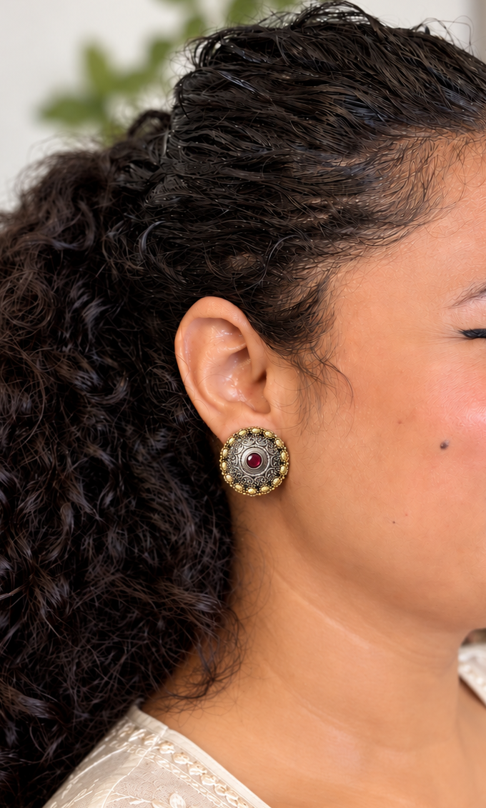 Angakh Dual-Tone Antique Silver Gold Stud Earrings with Red Stone for Women