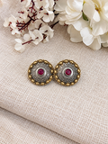 Angakh Dual-Tone Antique Silver Gold Stud Earrings with Red Stone for Women
