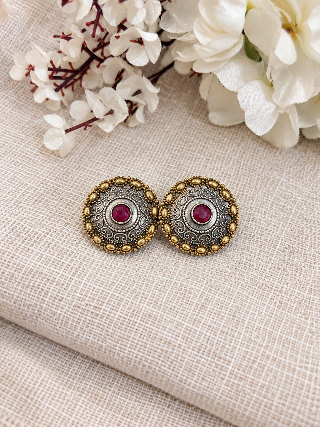 Angakh Dual-Tone Antique Silver Gold Stud Earrings with Red Stone for Women
