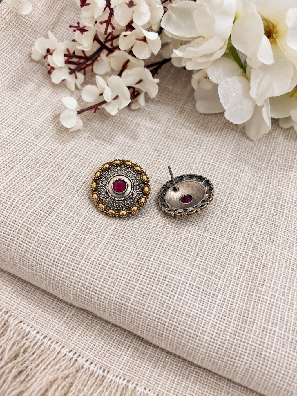 Angakh Dual-Tone Antique Silver Gold Stud Earrings with Red Stone for Women