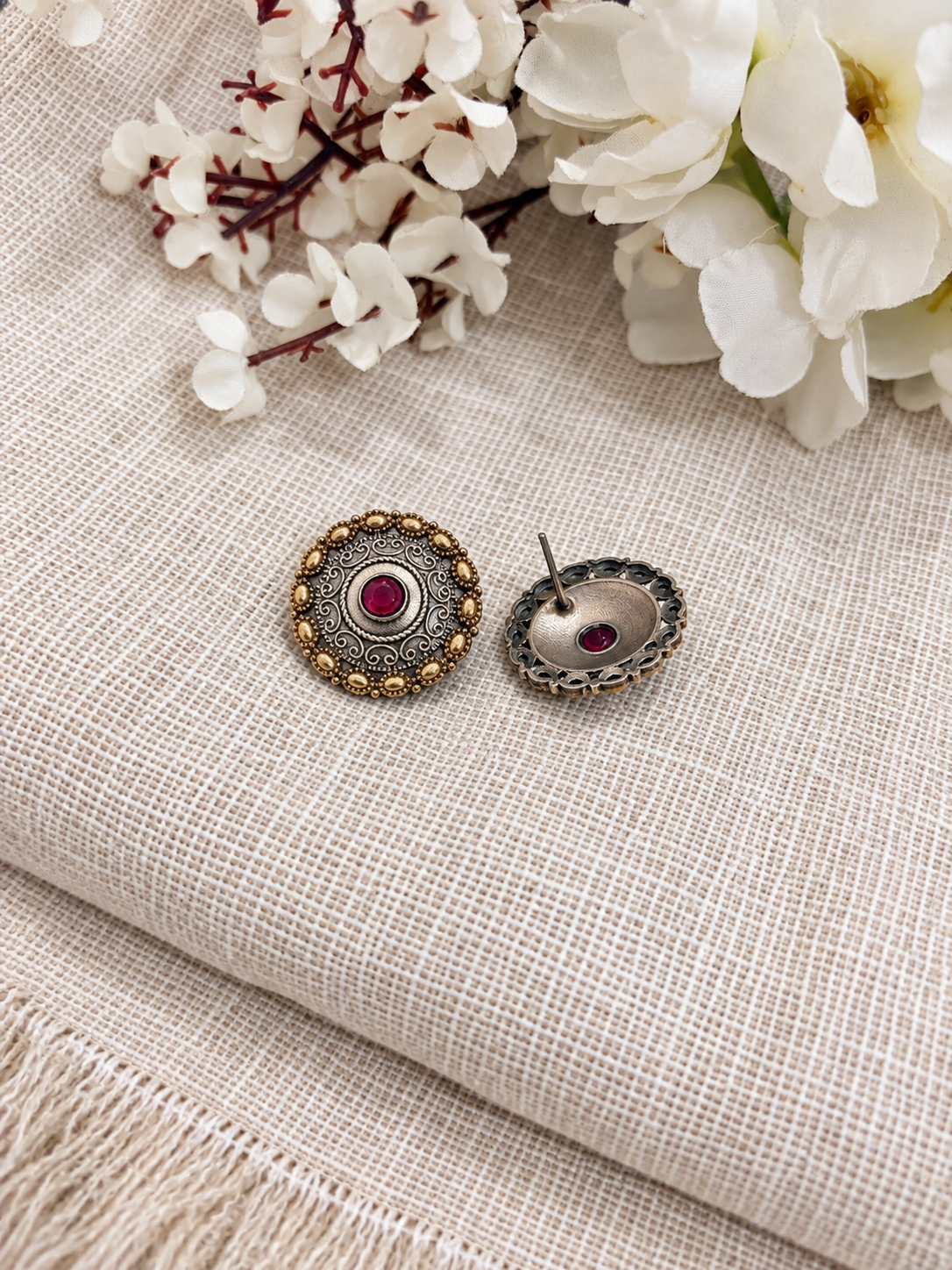 Angakh Dual-Tone Antique Silver Gold Stud Earrings with Red Stone for Women