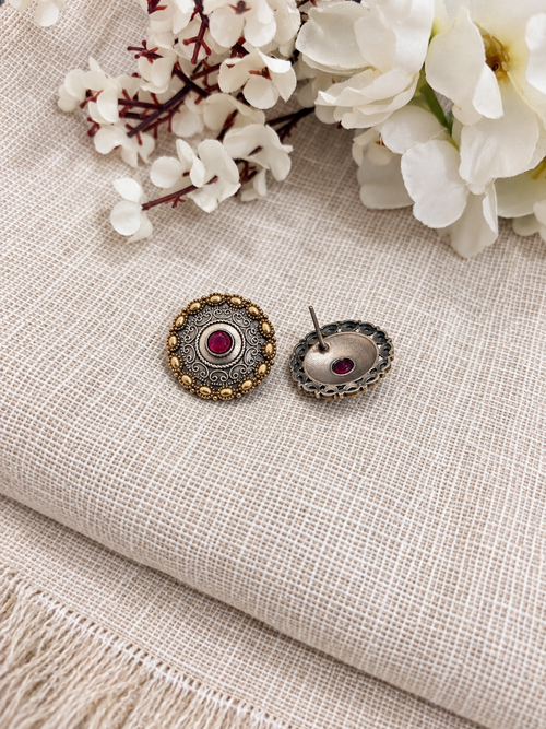 Angakh Dual-Tone Antique Silver Gold Stud Earrings with Red Stone for Women