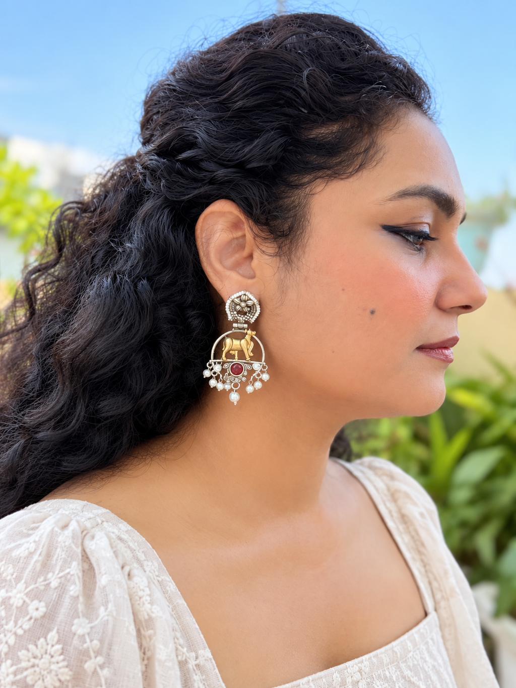Angakh Pichwai Sacred Cow Dual tone Oxidised Silver Dangle Earrings