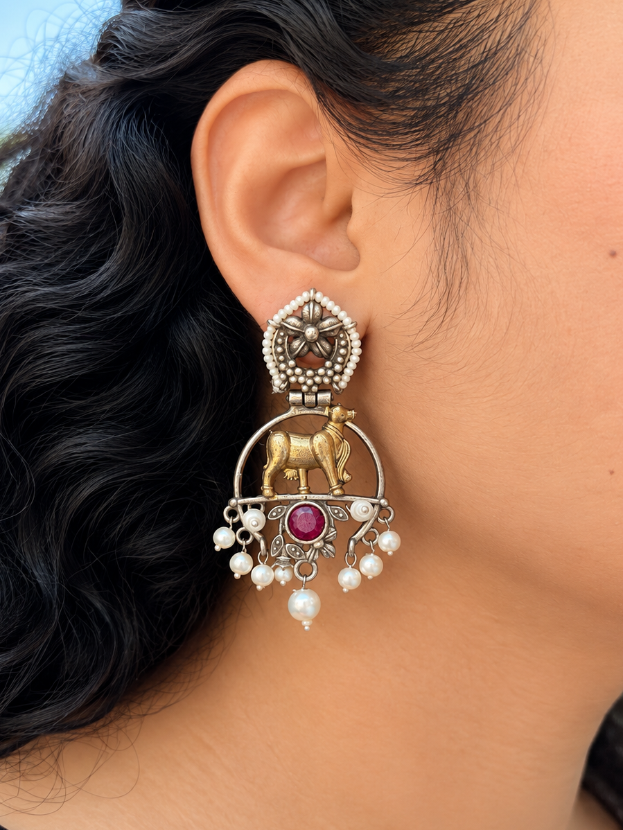 Angakh Pichwai Sacred Cow Dual tone Oxidised Silver Dangle Earrings