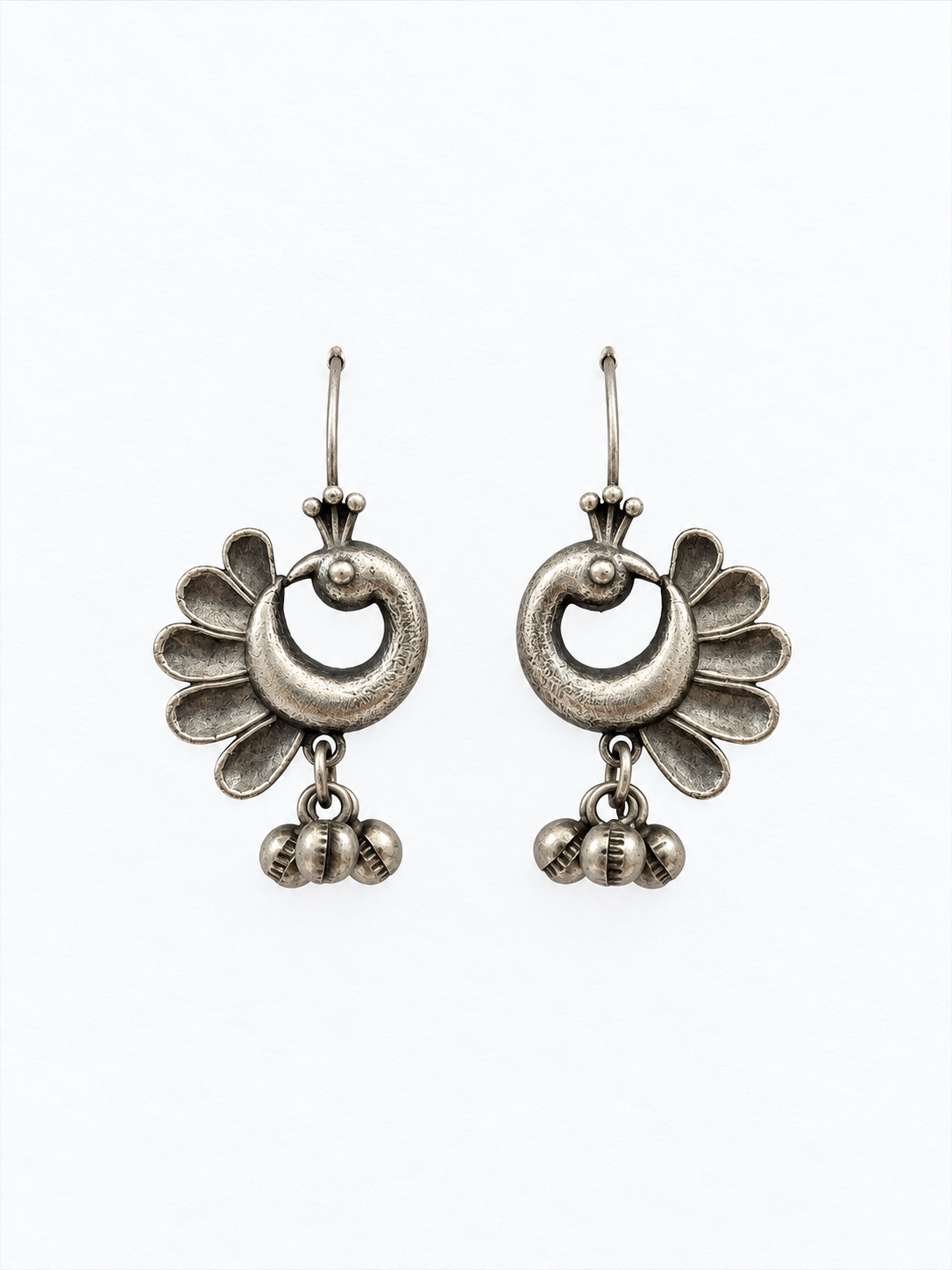 Angakh Oxidised Silver Peacock Floral Ghungroo Drop Earrings