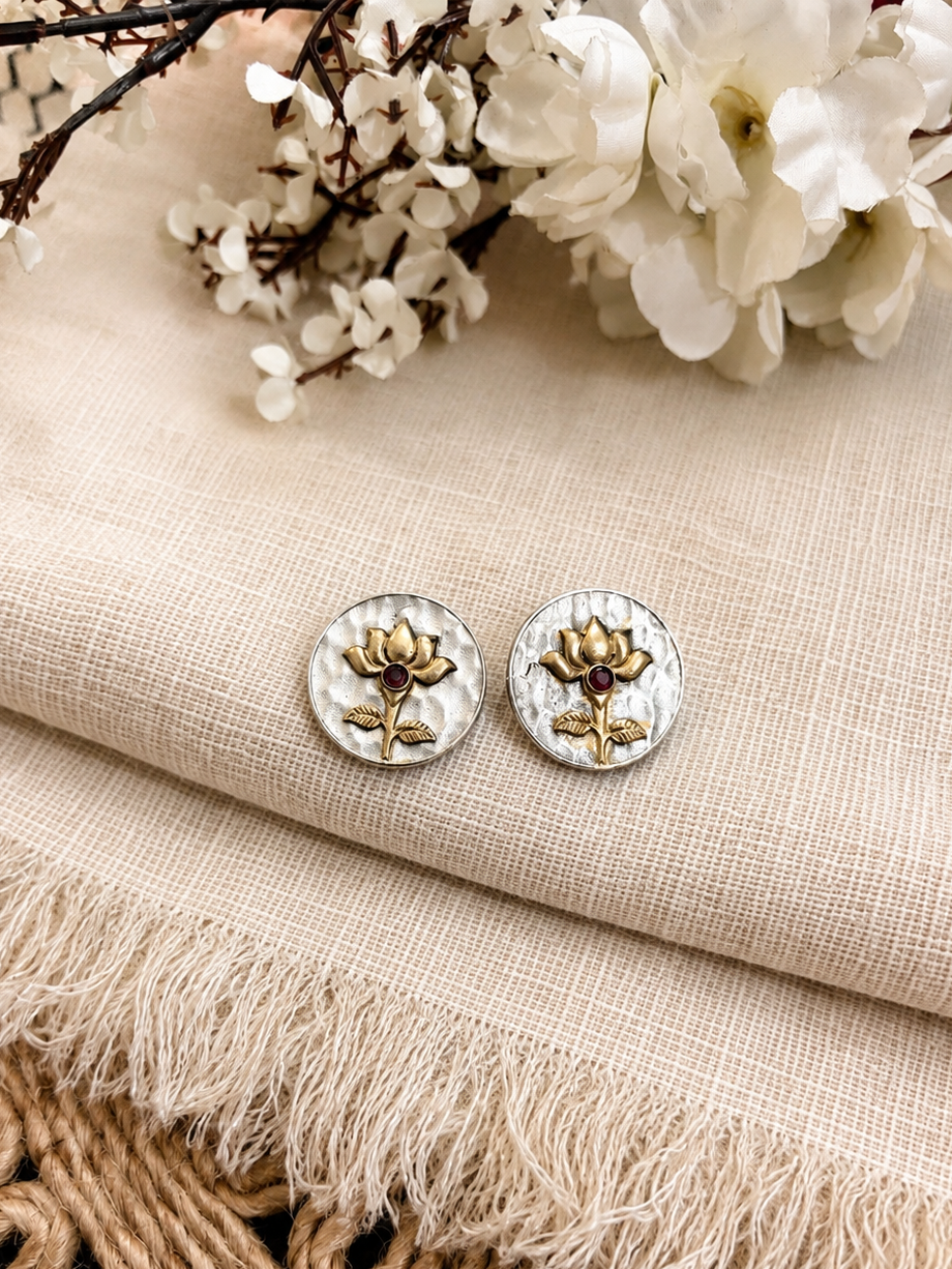Angakh Oxidised Silver & Gold Antique Lotus Earrings