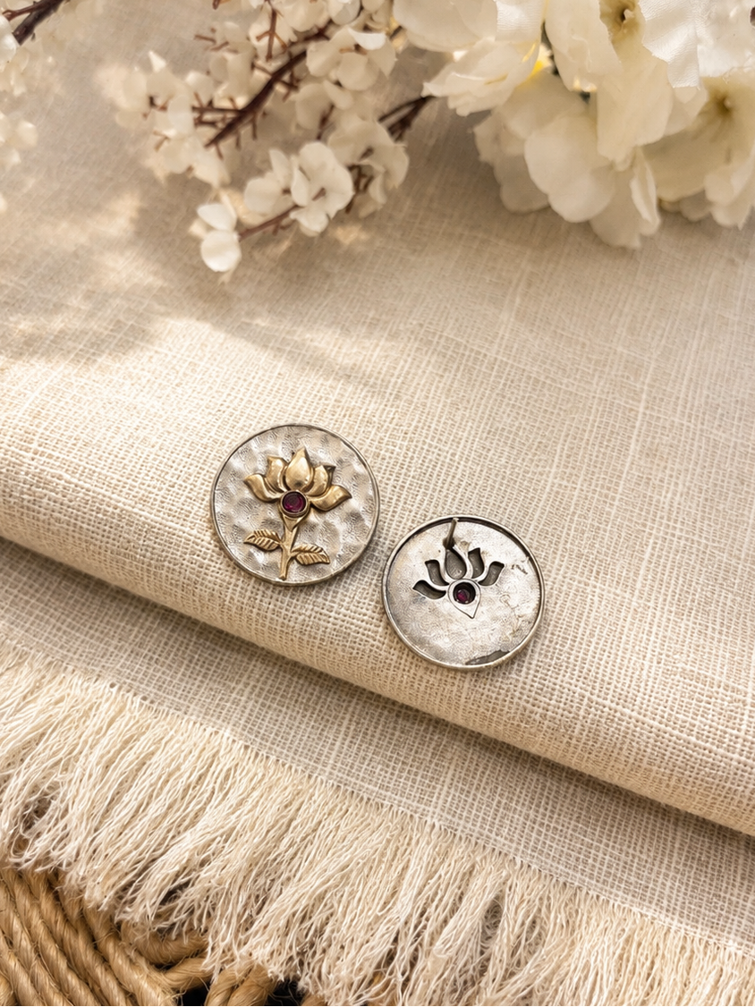 Angakh Oxidised Silver & Gold Antique Lotus Earrings