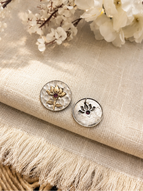 Angakh Oxidised Silver & Gold Antique Lotus Earrings