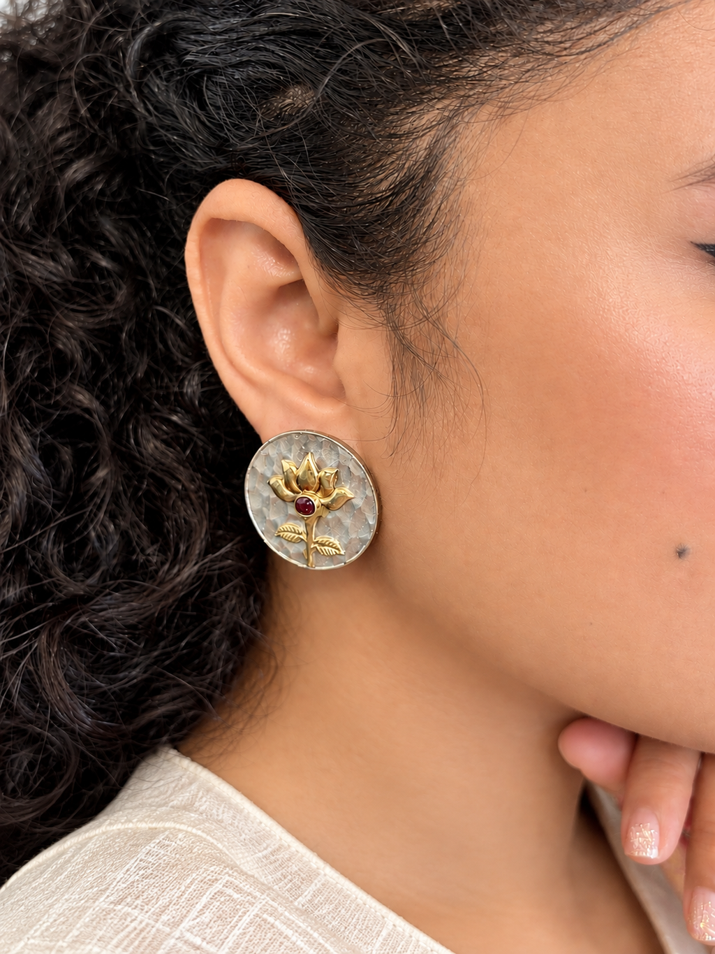 Angakh Oxidised Silver & Gold Antique Lotus Earrings