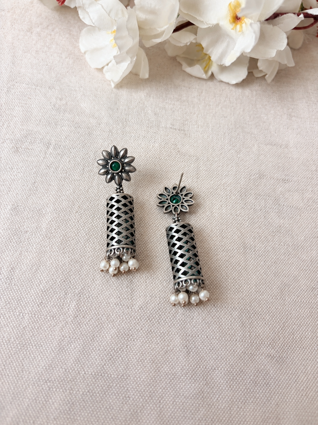 Angakh Oxidized Silver flower Stud Cylindrical Mesh Jhumka Earrings