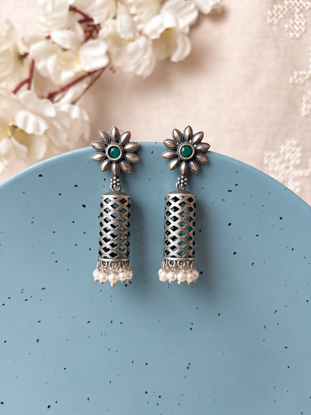 Angakh Oxidized Silver flower Stud Cylindrical Mesh Jhumka Earrings