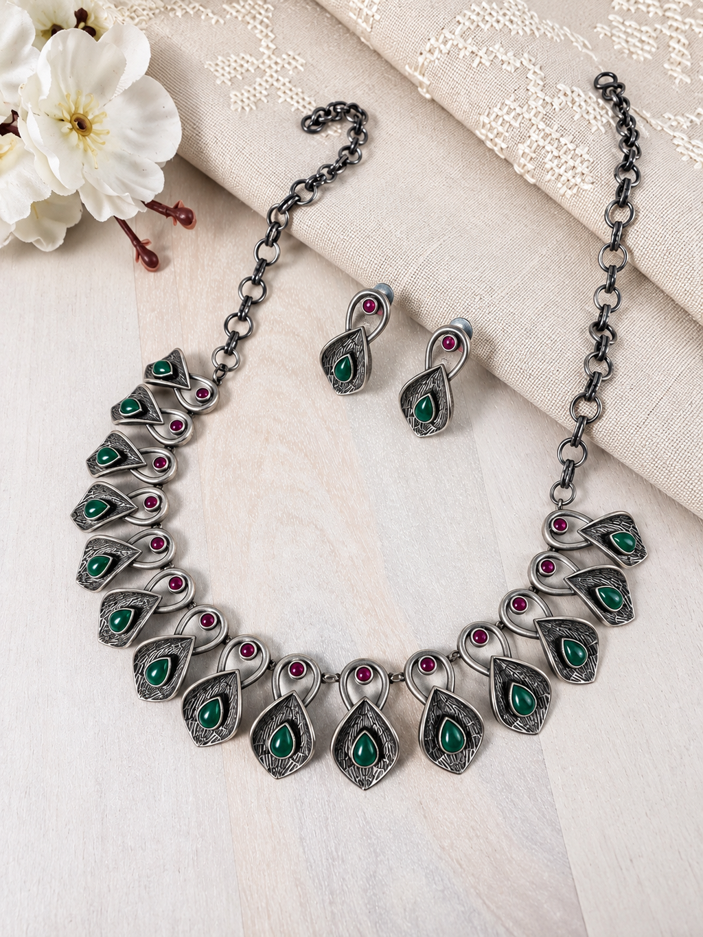 Angakh Antique Oxidized Silver plated  Leaf Motif Stone Necklace