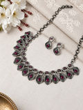 Angakh Antique Oxidized Silver plated  Leaf Motif Stone Necklace