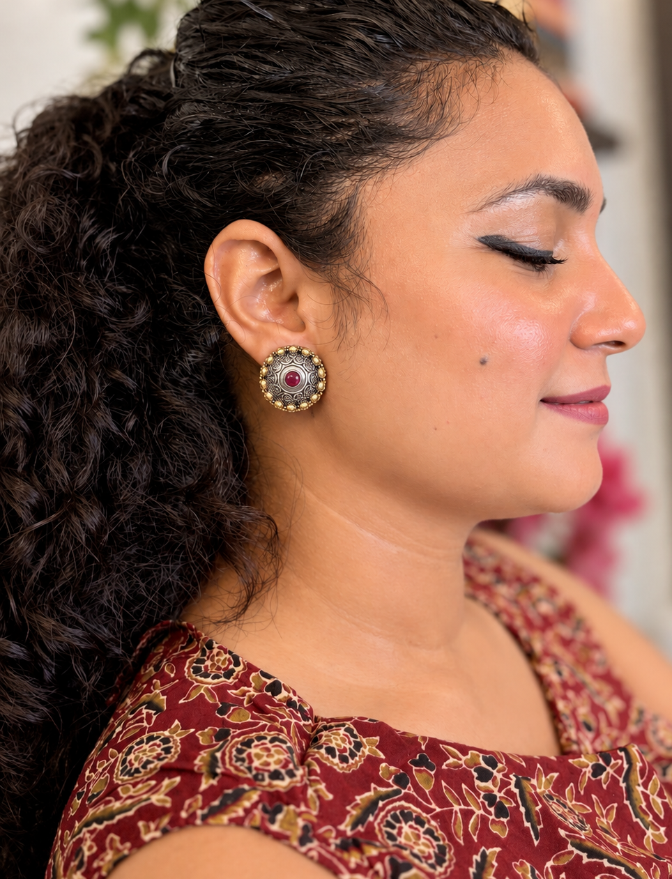 Angakh Dual-Tone Antique Silver Gold Stud Earrings with Red Stone for Women