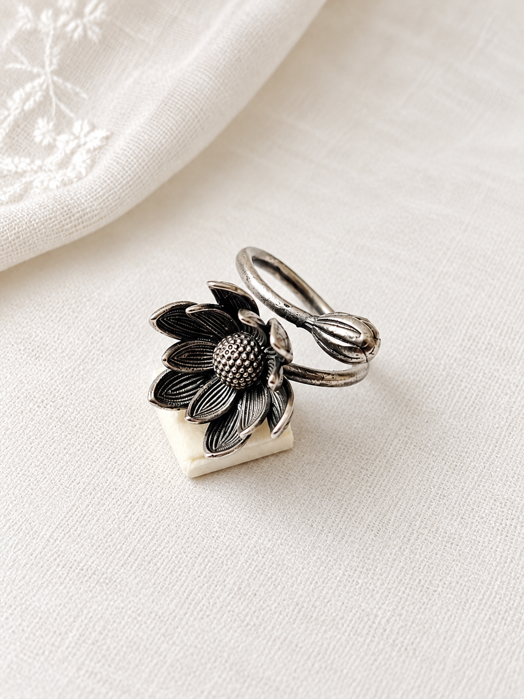 Angakh Oxidised Dark Silver Flower Statement Ring for Women