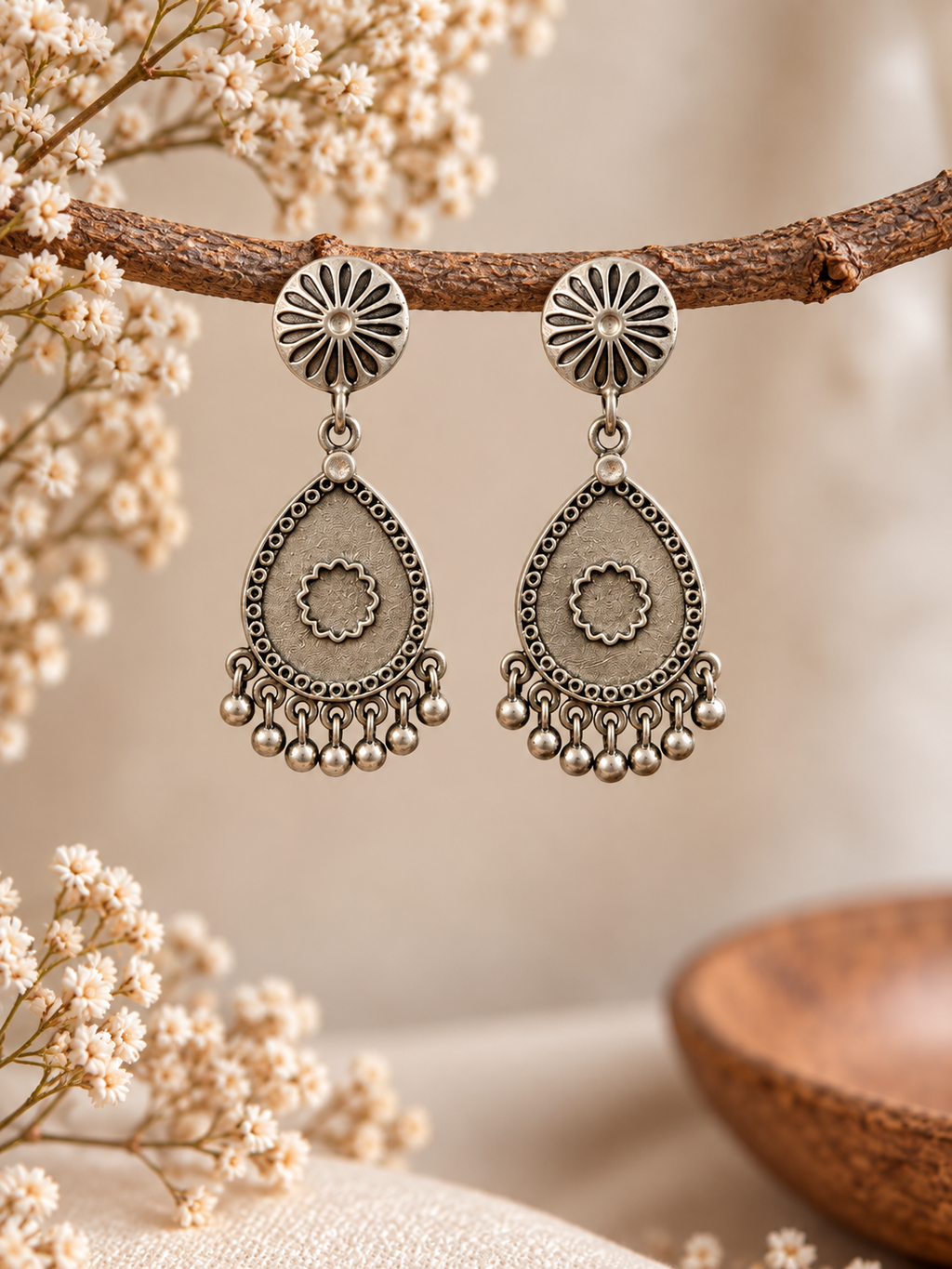 Angakh Oxidised Silver Antique Teardrop Ghunghru Earrings