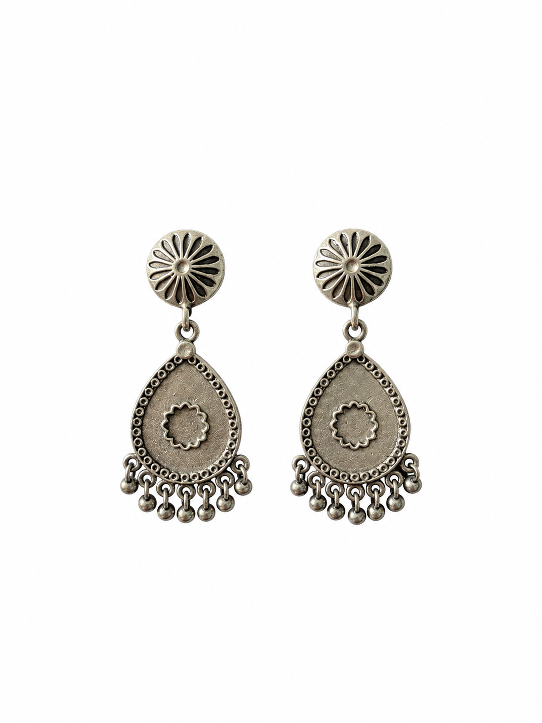 Angakh Oxidised Silver Antique Teardrop Ghunghru Earrings