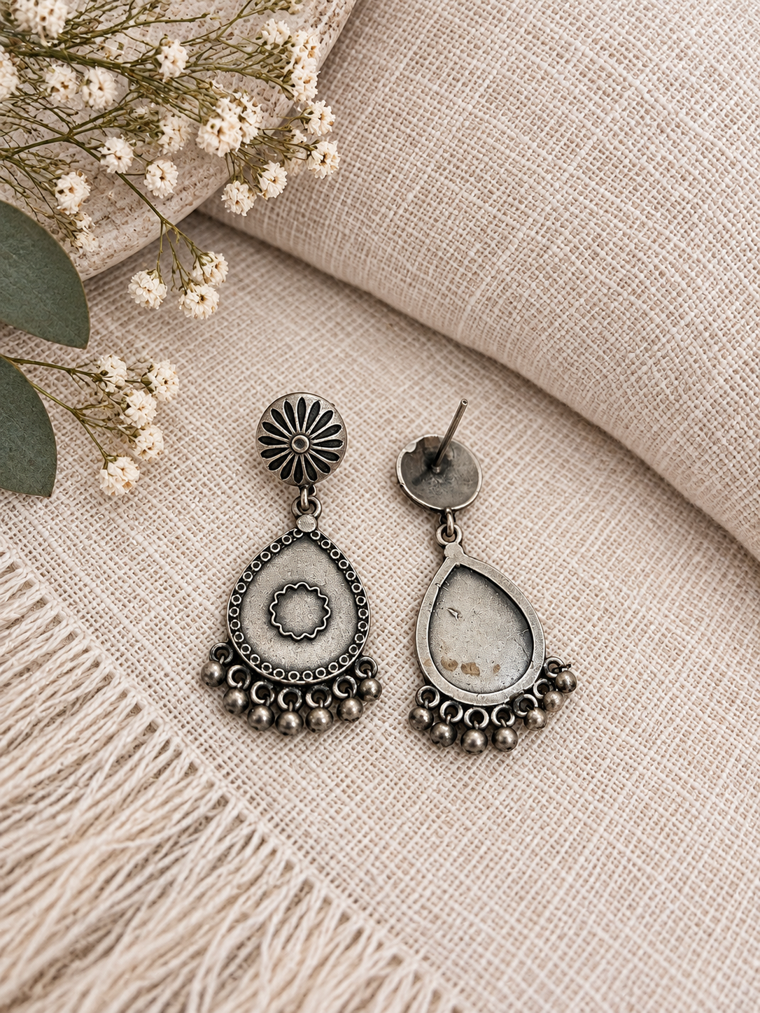 Angakh Oxidised Silver Antique Teardrop Ghunghru Earrings