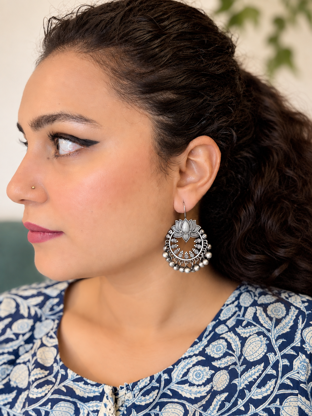 Angakh Oxidised Silver Lotus Ghungroo Earrings