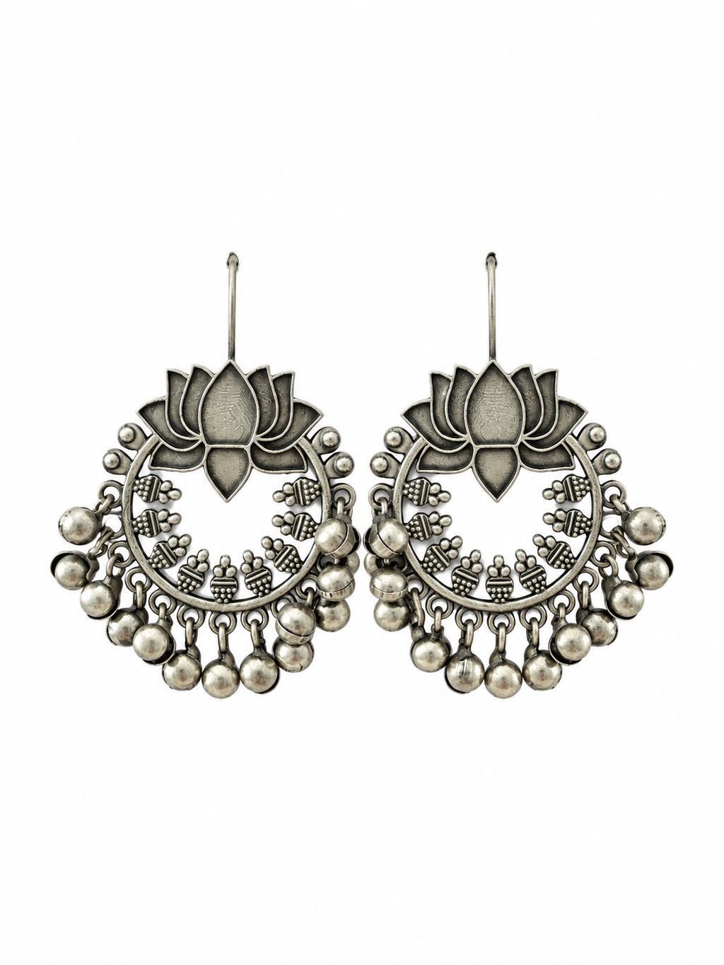 Angakh Oxidised Silver Lotus Ghungroo Earrings