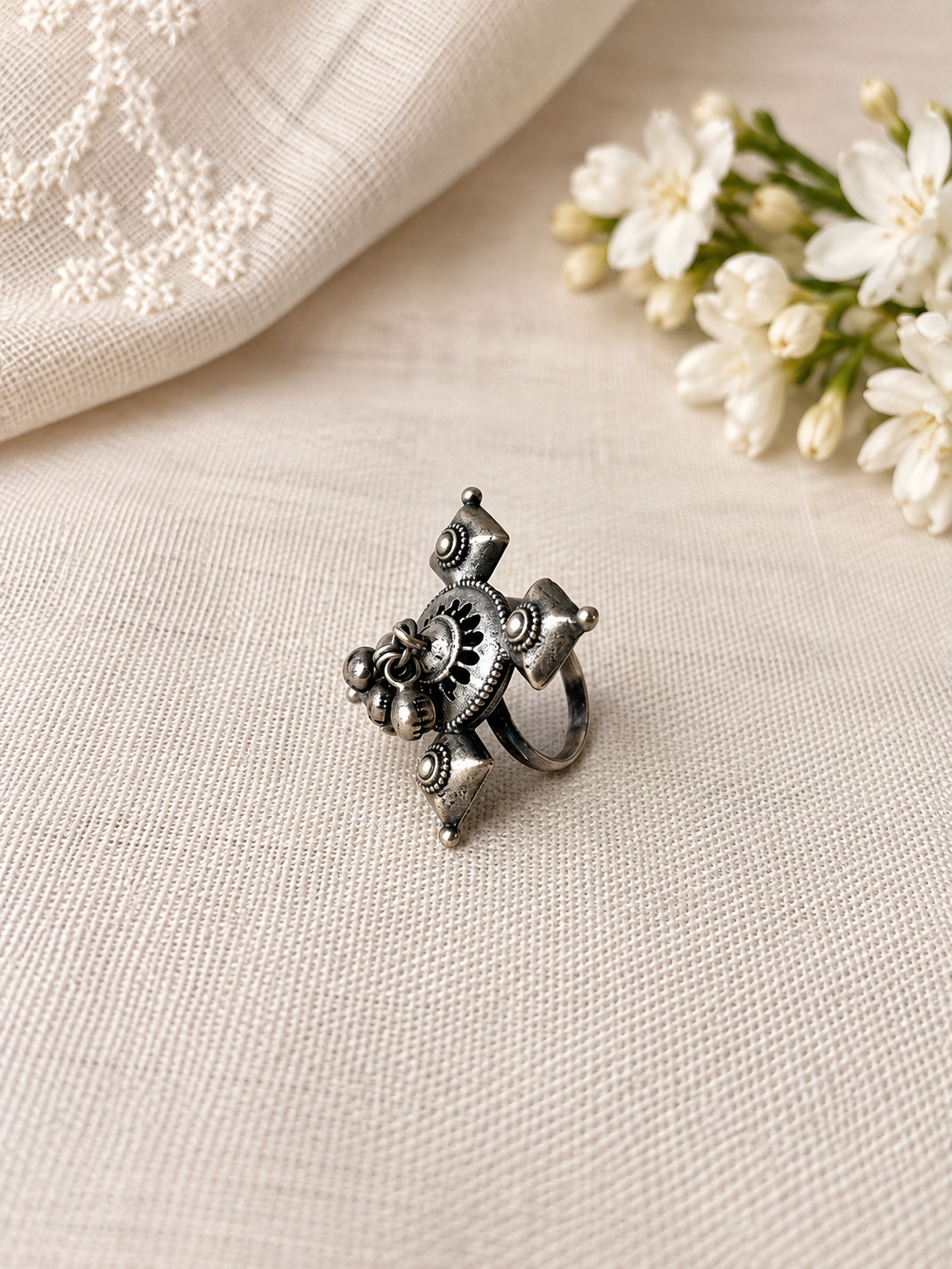 Angakh Oxidised Silver Tribal Statement Ring