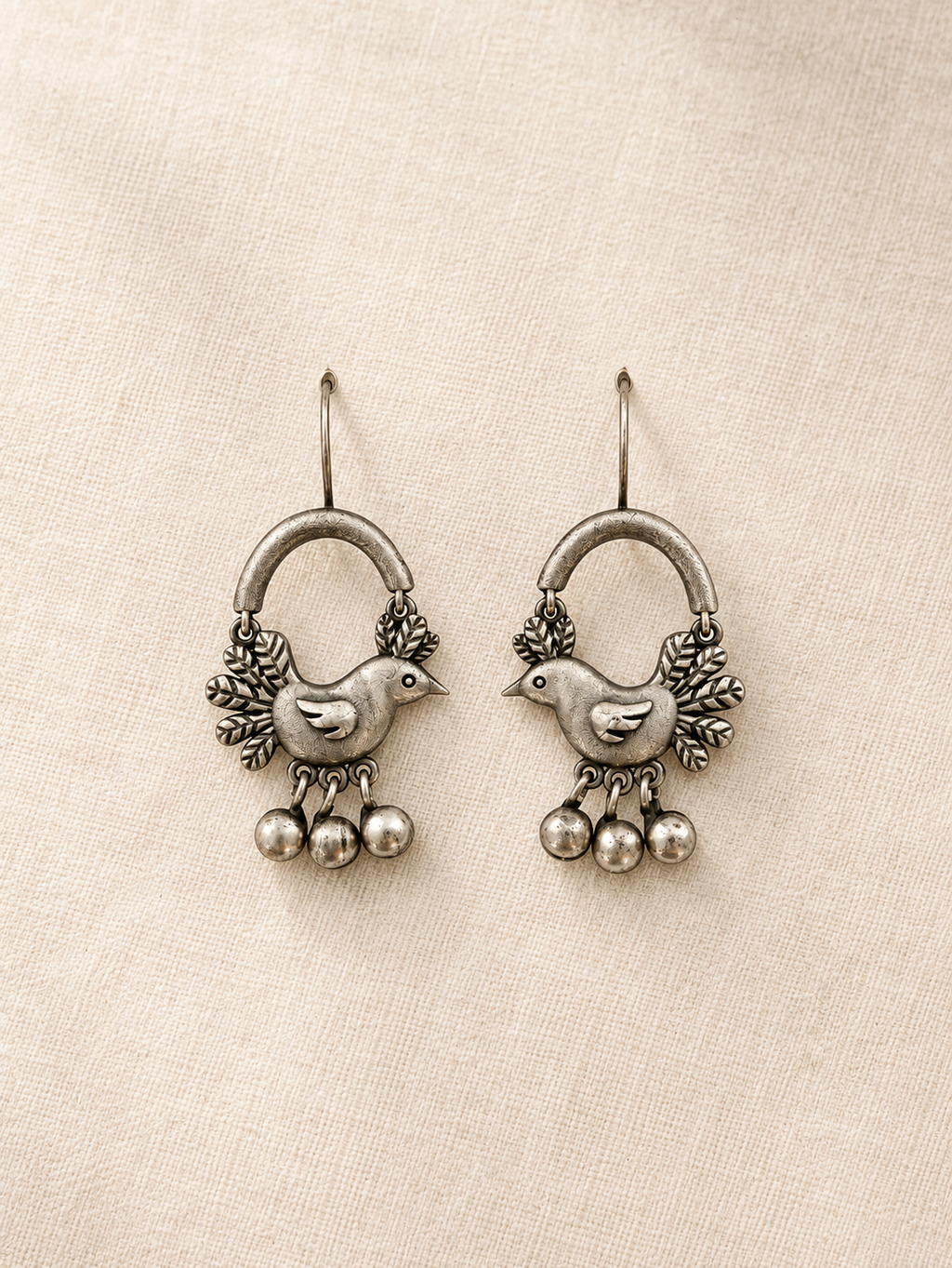 Angakh Oxidised Silver bird Ghunghru Earrings