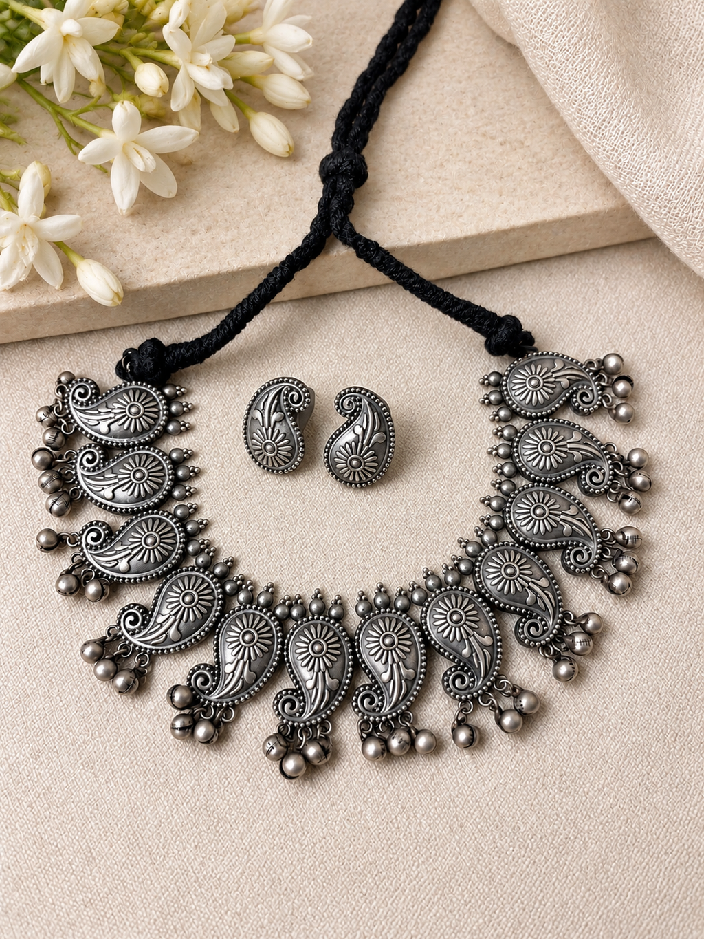 Angakh Oxidised Silver Boho Paisley Fringe Necklace & Matching Earrings Set