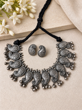 Angakh Oxidised Silver Boho Paisley Fringe Necklace & Matching Earrings Set