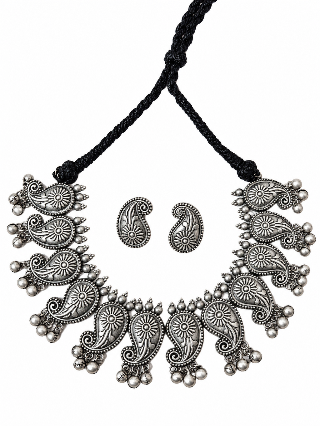 Angakh Oxidised Silver Boho Paisley Fringe Necklace & Matching Earrings Set