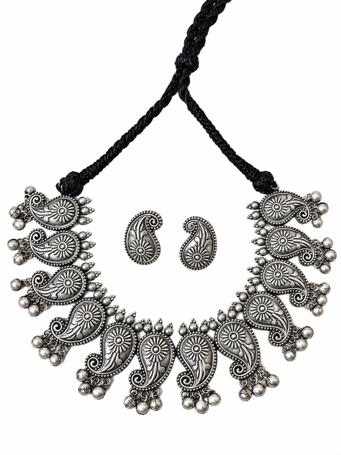 Angakh Oxidised Silver Boho Paisley Fringe Necklace & Matching Earrings Set