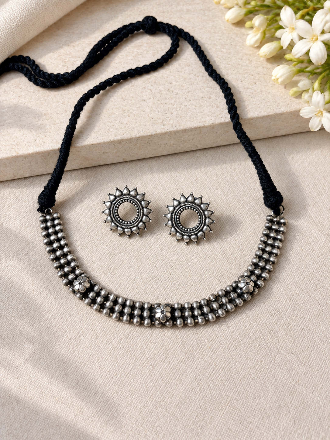 Angakh Oxidised Silver plated  Traditional Beaded  Statement Necklace Set