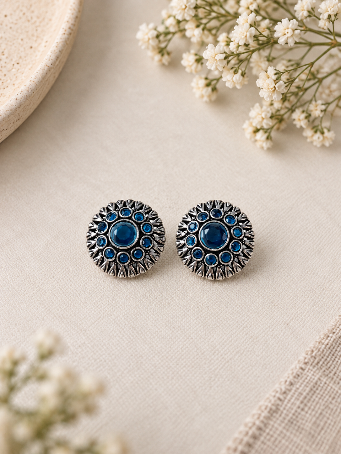 Angakh Oxidised Silver-Plated Green Stone Round Stud Earrings for Women