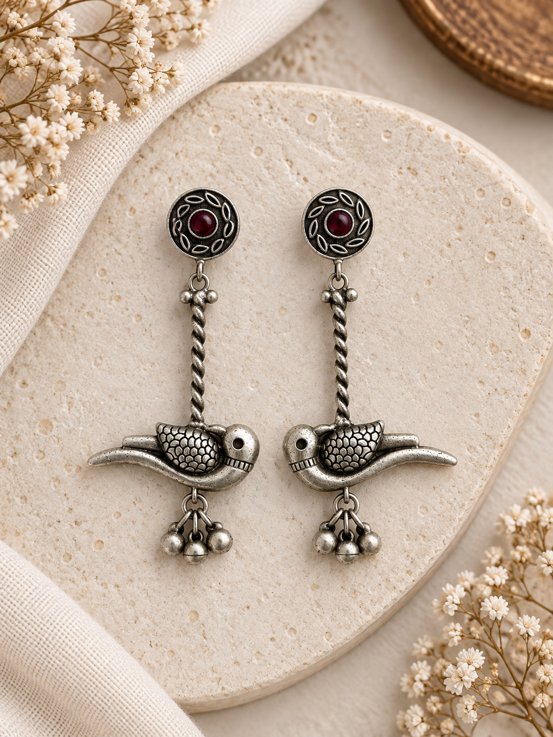 Angakh Oxidised Silver Parrot Ghunghru Earrings with Red stone for Women