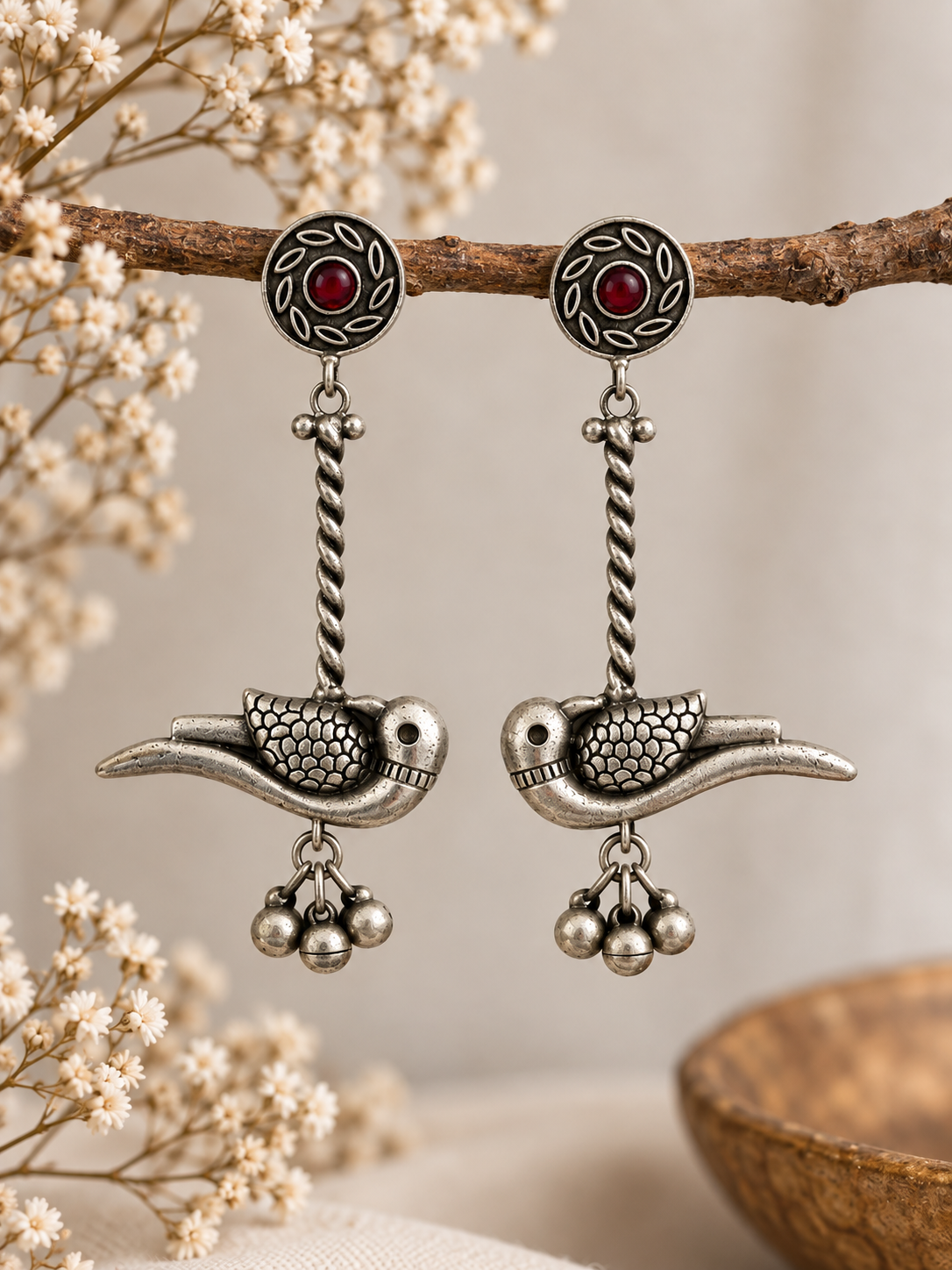 Angakh Oxidised Silver Parrot Ghunghru Earrings with Red stone for Women