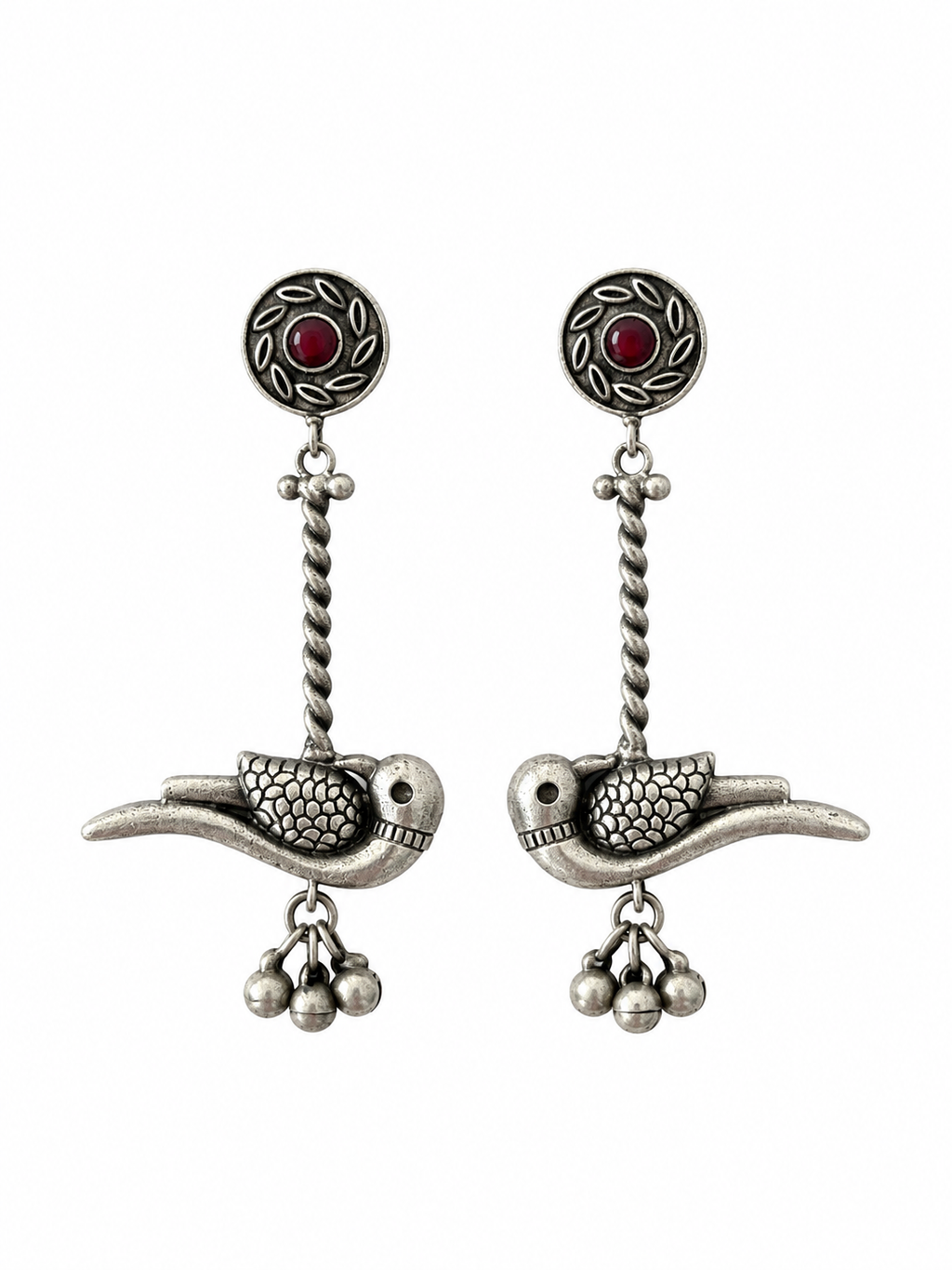 Angakh Oxidised Silver Parrot Ghunghru Earrings with Red stone for Women