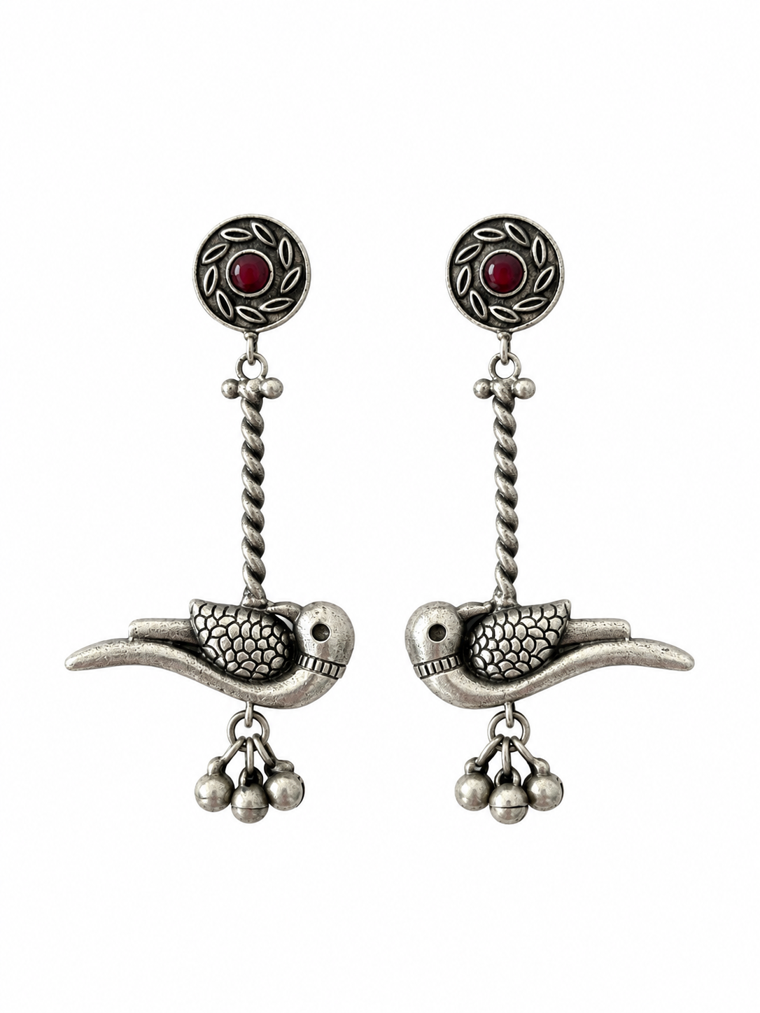 Angakh Oxidised Silver Parrot Ghunghru Earrings with Red stone for Women
