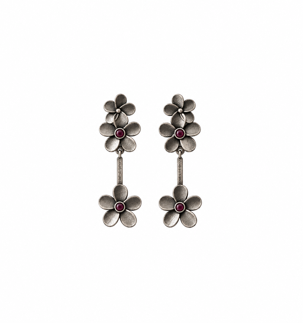 Angakh Oxidised Silver Floral Dangler Earrings