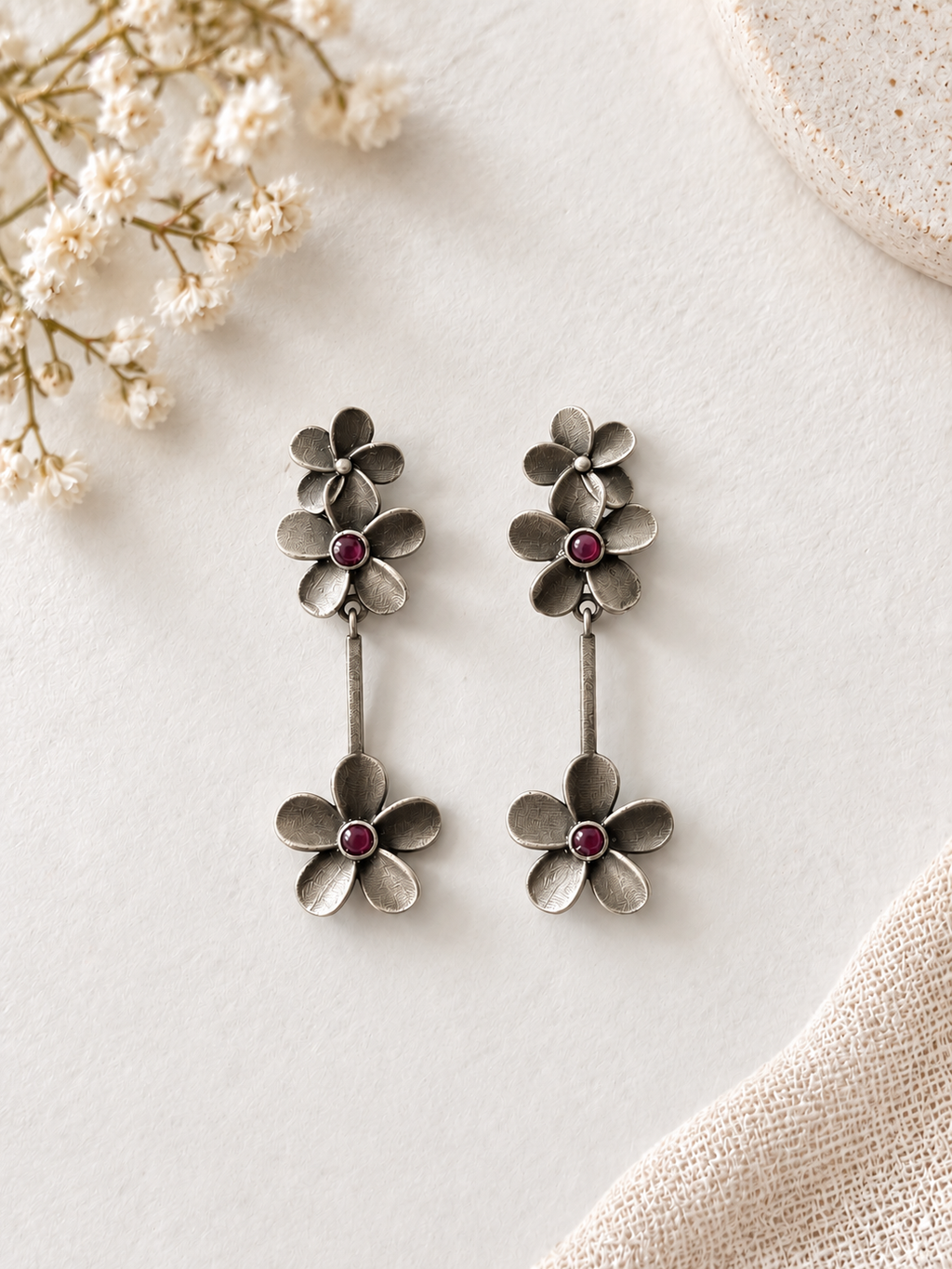 Angakh Oxidised Silver Floral Dangler Earrings