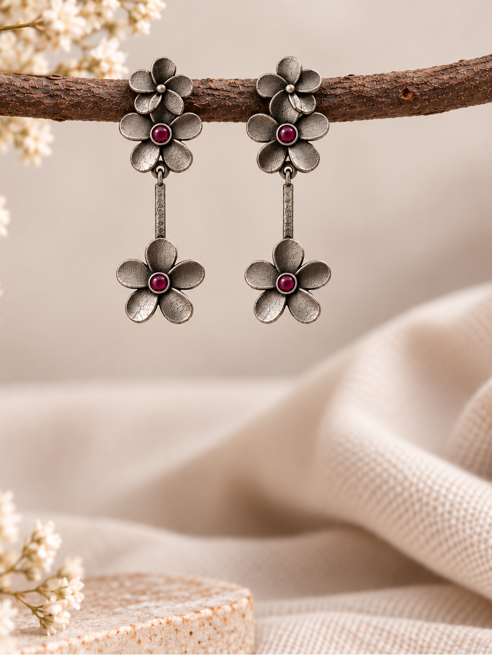 A pair of silver-tone flower drop earrings with small red gemstone centers, hanging from a rustic wooden branch against a soft beige fabric backdrop with dried white flowers.