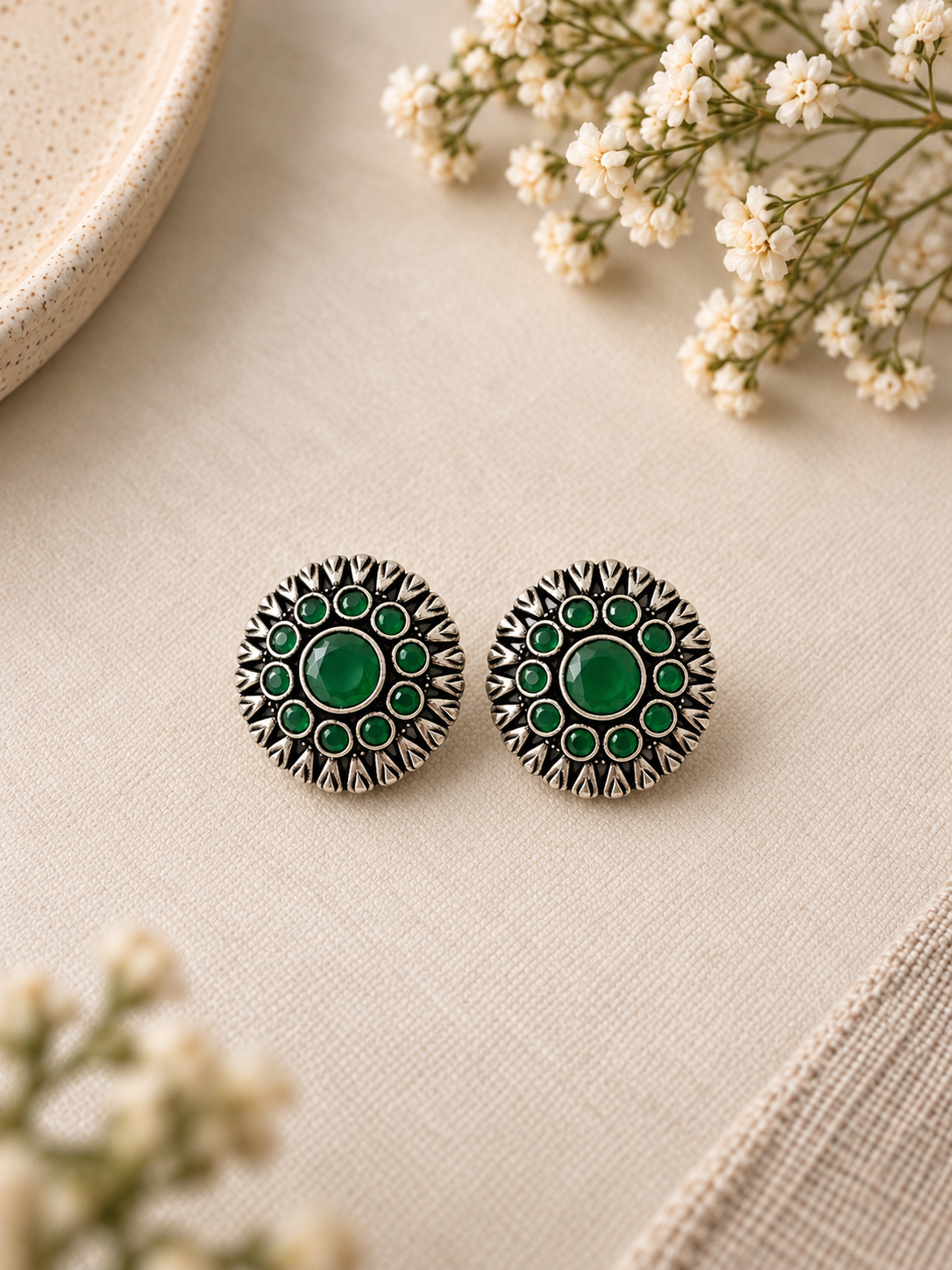 Angakh Oxidised Silver-Plated Green Stone Round Stud Earrings for Women