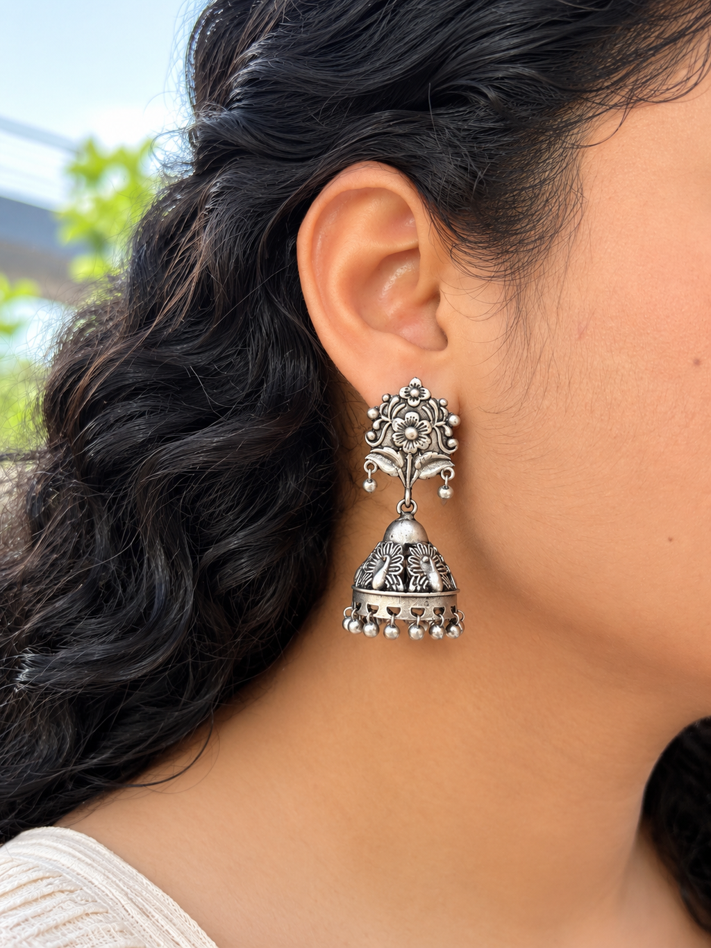 Angakh Oxidised Silver Floral Jhumka Ghunghru Earrings