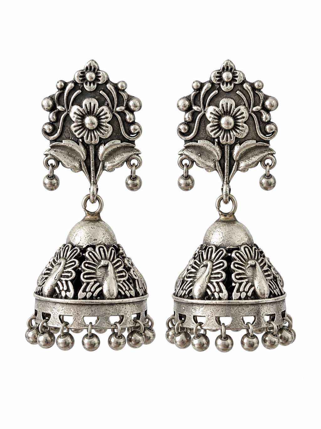 Angakh Oxidised Silver Floral Jhumka Ghunghru Earrings