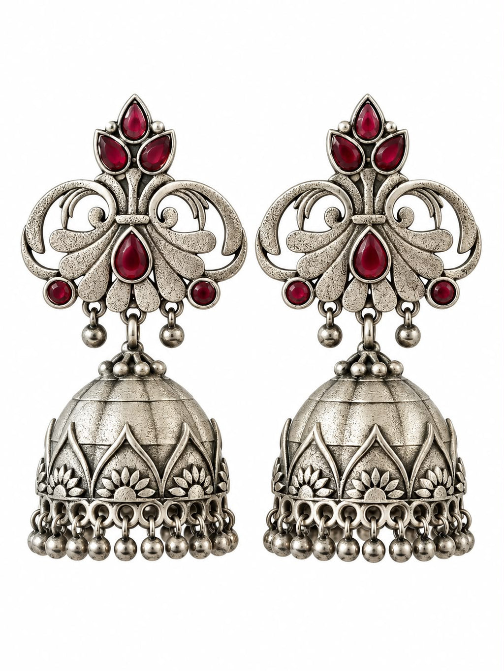 Angakh Oxidised Silver with red stone floral jhumka Earrings