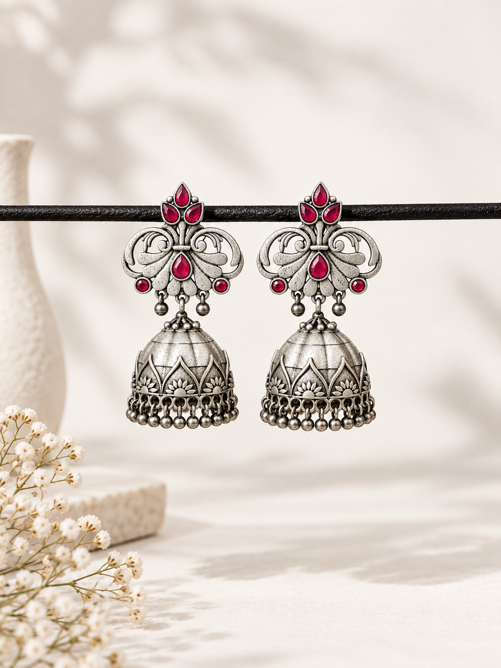 Angakh Oxidised Silver with red stone floral jhumka Earrings