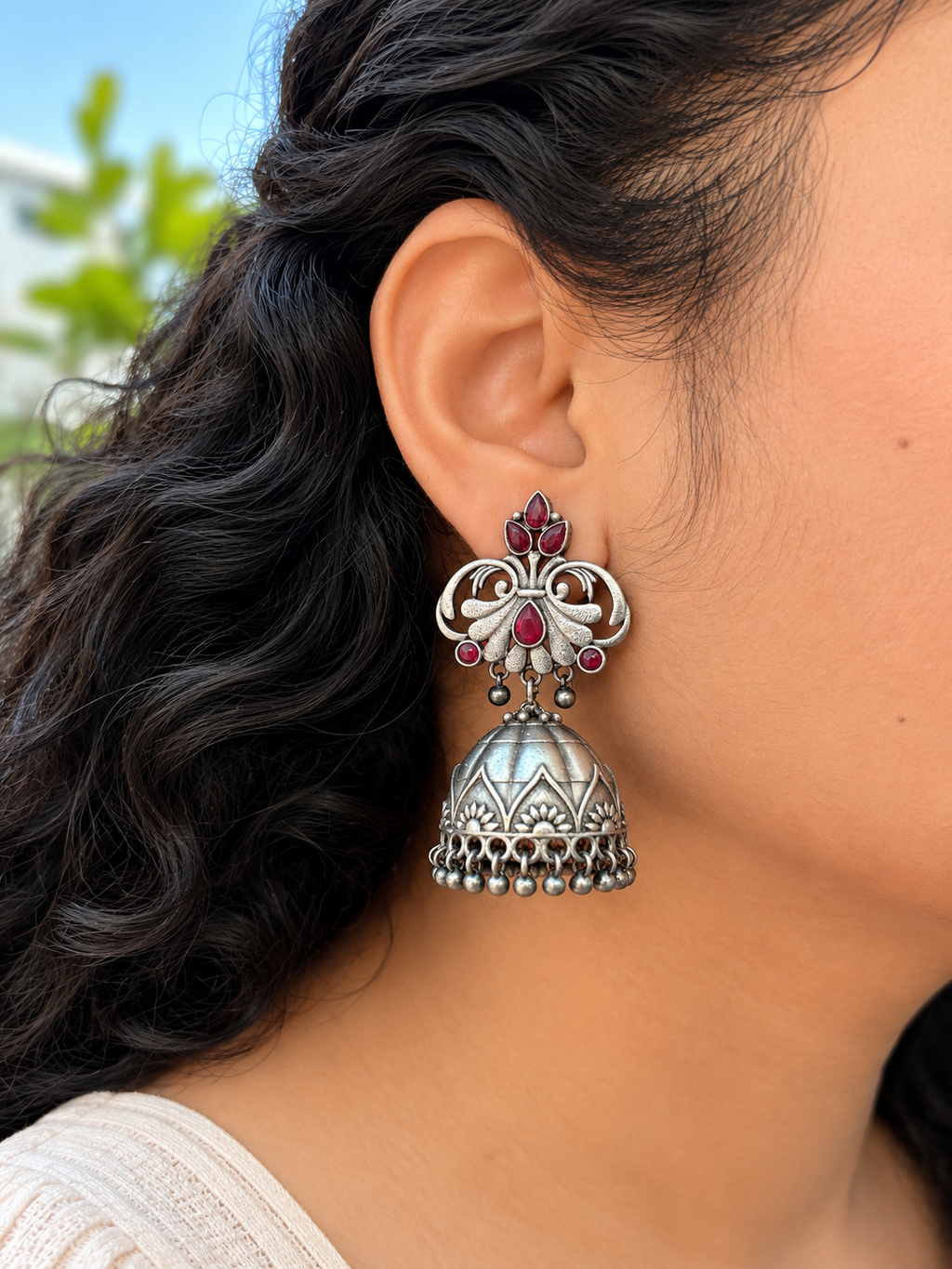 Angakh Oxidised Silver with red stone floral jhumka Earrings