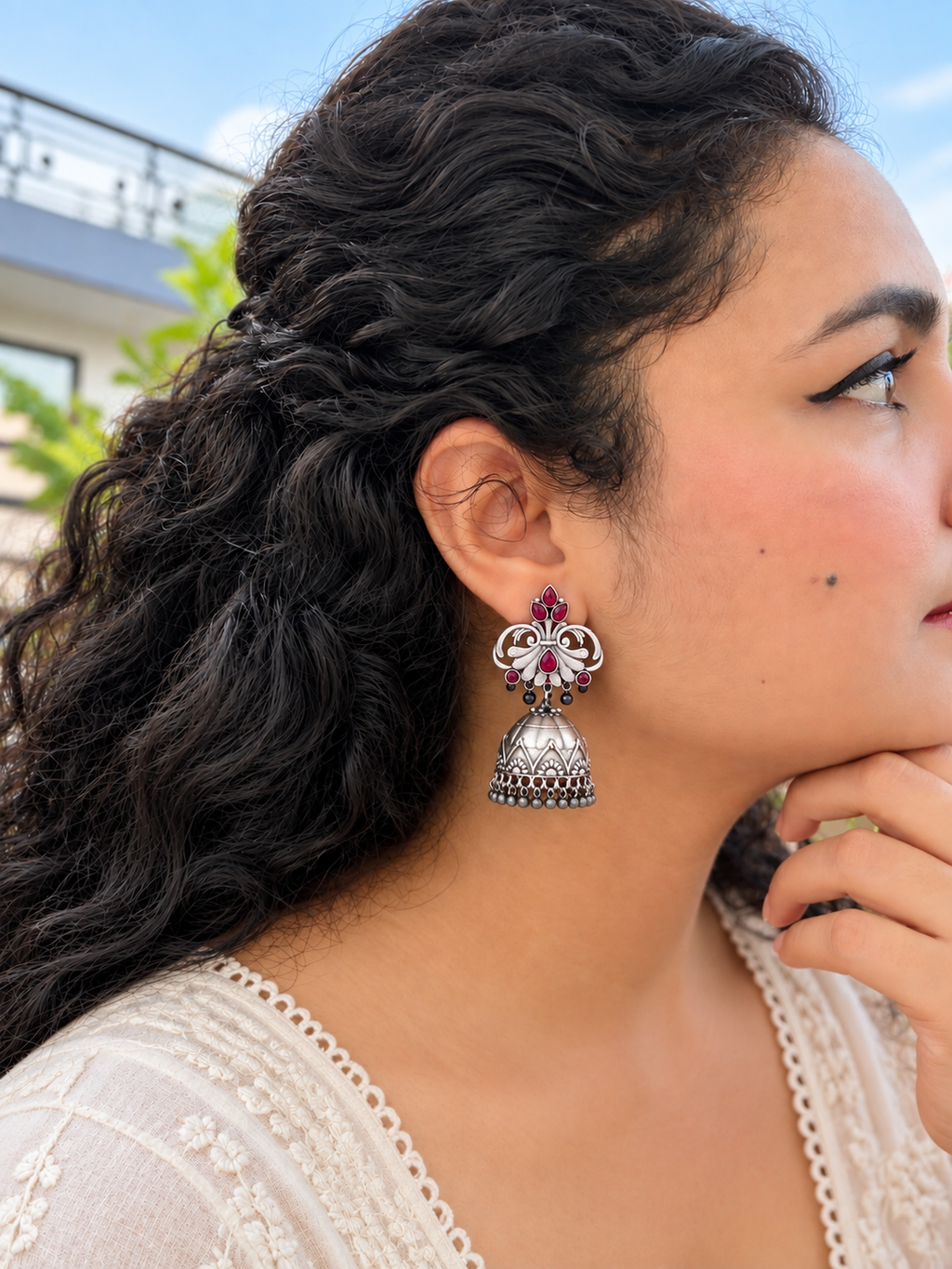 Angakh Oxidised Silver with red stone floral jhumka Earrings