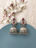 Angakh Oxidised Silver with red stone floral jhumka Earrings