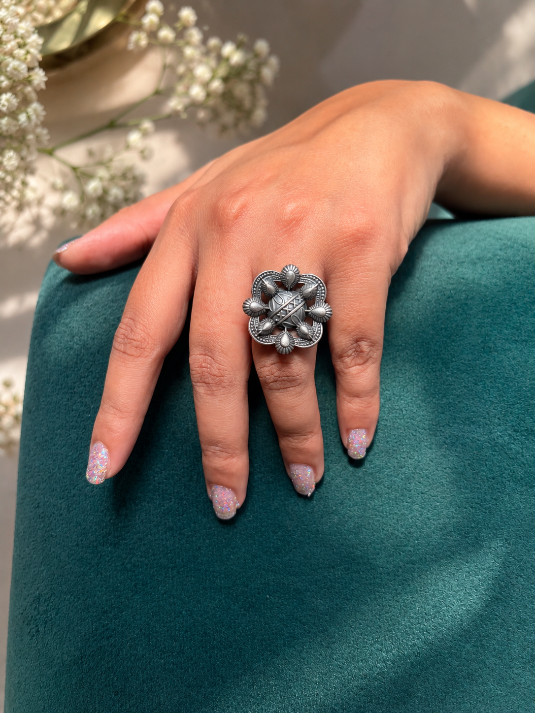 Angakh Oxidised silver  Antique Peacock Feather Motif Statement Ring