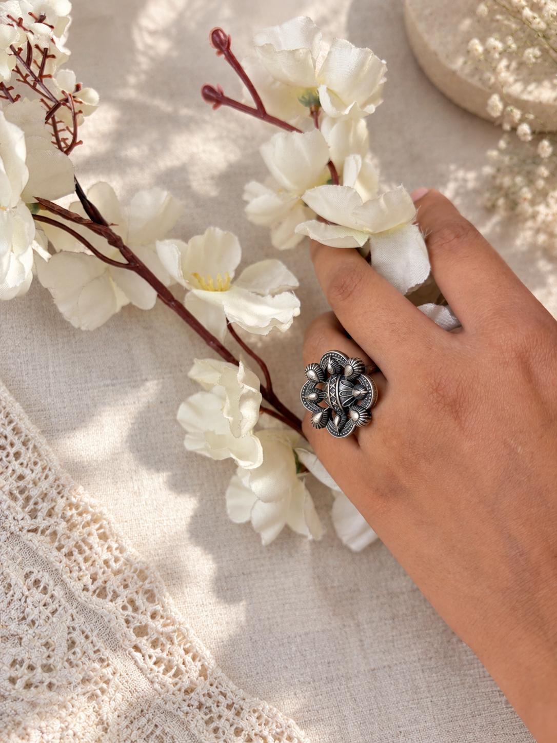 Angakh Oxidised silver  Antique Peacock Feather Motif Statement Ring