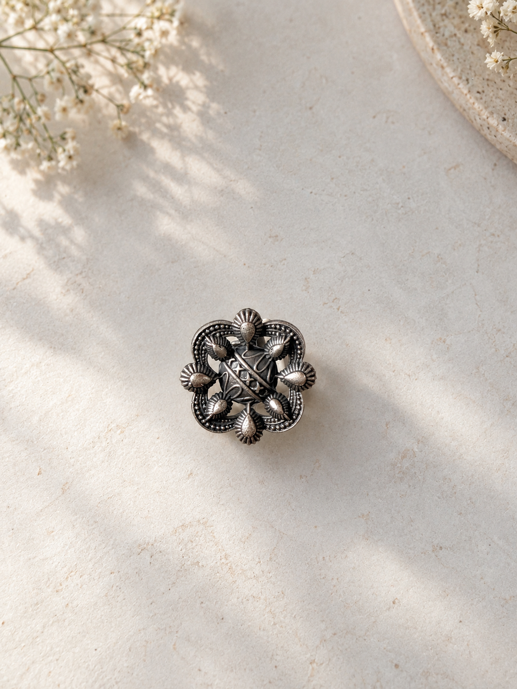 Angakh Oxidised silver  Antique Peacock Feather Motif Statement Ring